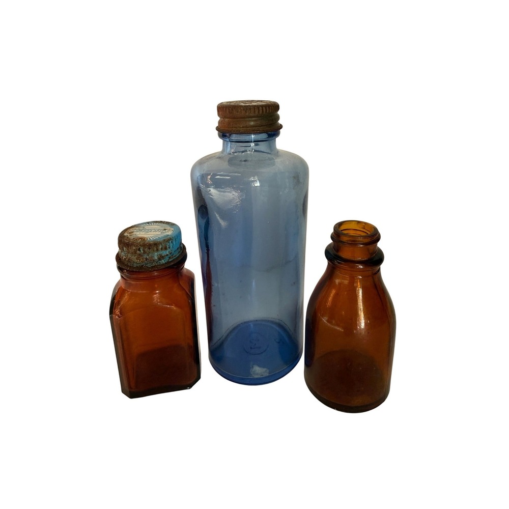 Vintage Apothecary Medicine Bottle‎ Lot Cobalt Blue Amber Glass Metal Caps 3pc